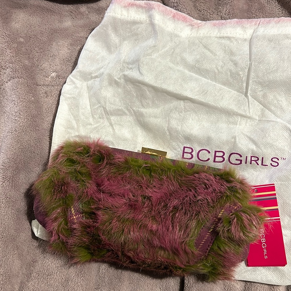 Pink & Green Fur Clutch with Tartan Plaid-NWT